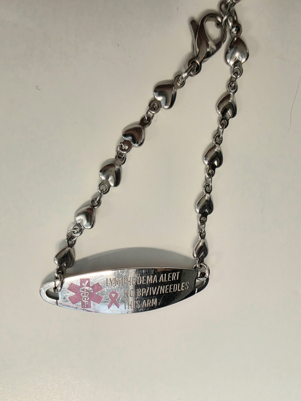 Lymphedema Medical Alert Bracelet with Pink Ribbon - Silver-tone Size 8.25" - Picture 6 of 7